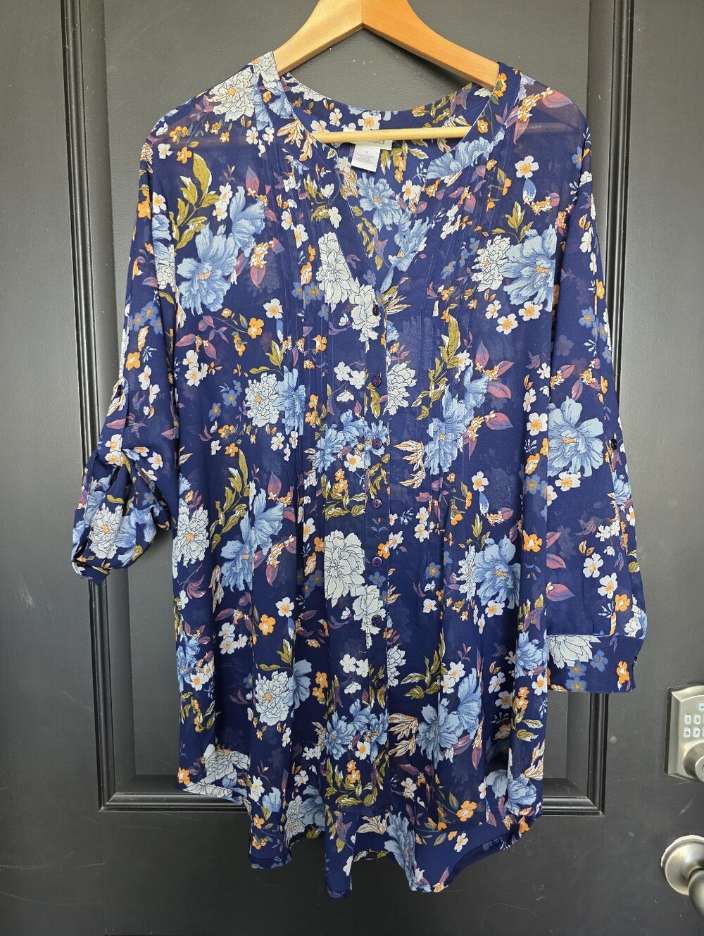 CW Classics Women's 1X Floral Sheer Tunic Blouse Roll Tab 3/4 Sleeve Button Y2k